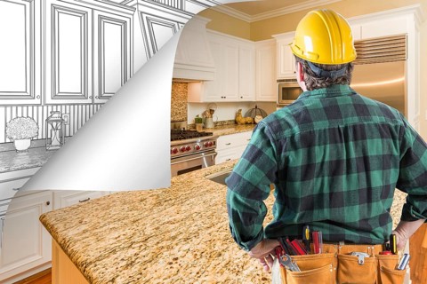 Contractor facing kitchen photo with page corner flipping to drawing behind