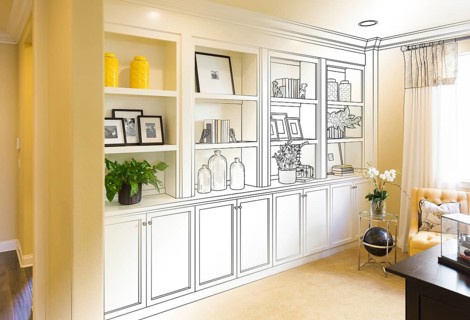 Custom built-in shelves and cabinets design drawing gradating to finished photo