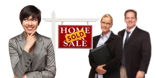 mixed-race people with sold home for sale real estate sign isolated on a white background