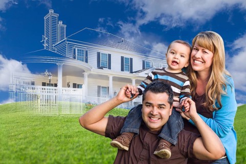 mixed-race family with ghosted house drawing
