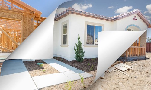 Completed house with page corners flipping to construction framing behind