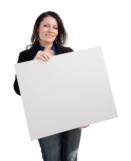 Smiling hispanic woman holding blank sign isolated on white