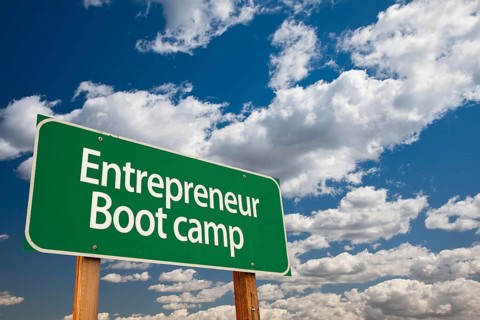 Entrepreneur boot camp green road sign and dramatic clouds background