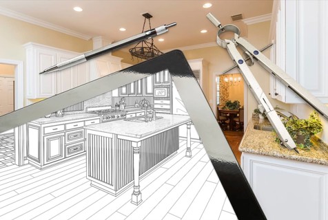 Computer tablet and drafting tools with kitchen drawing and photograph combination