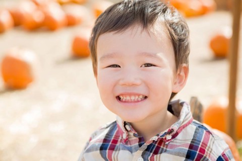 Cute mixed-race young boy having fun at the pumpkin patch