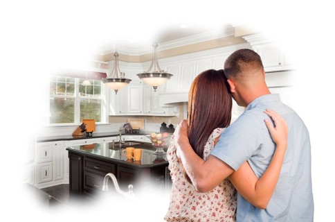 Daydreaming young military couple over custom kitchen photo inside thought bubble