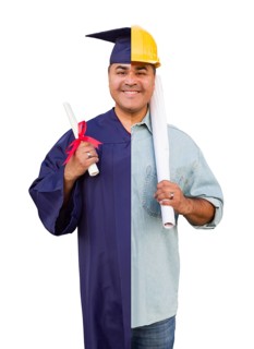 Split screen male hispanic graduate in cap and gown to engineer in hard hat concept