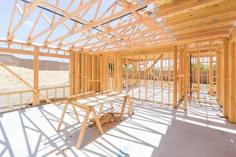 Wood home framing abstract at construction site