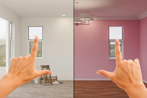 Female hands framing before and after bubble gum pink painted walls in empty room of house