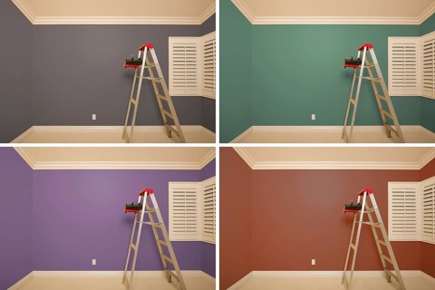 Set of empty rooms painted in variety of colors with ladder