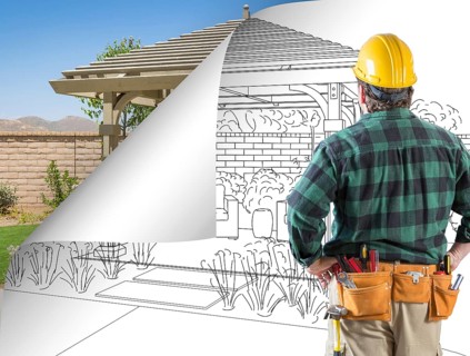 Contractor facing pergola drawing with page flipping to completed photo behind