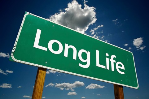 Long life green road sign with dramatic clouds and sky