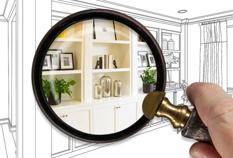 Hand holding magnifying glass revealing finished built-in over drawing