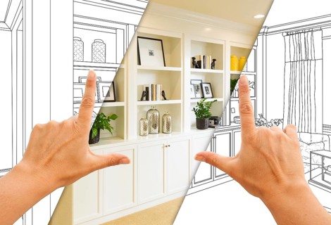 Hands framing custom built-in shelves and cabinets design drawing with section of finished photo