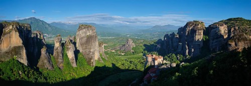 Monastery of Rousanou and Monastery of St. Nicholas Anapavsa in famous greek tourist destination Meteora in Greece in the morning