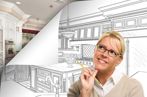 Woman facing kitchen drawing page corner flipping with photo behind