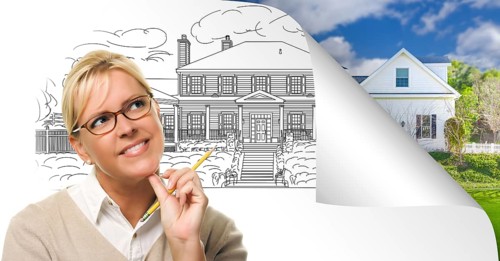 Woman facing house drawing page corner flipping with photo behind