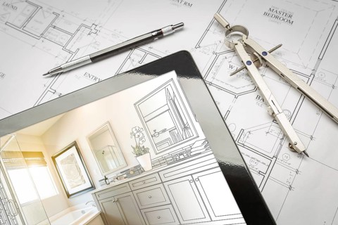 Computer tablet with master bathroom design over house plans
