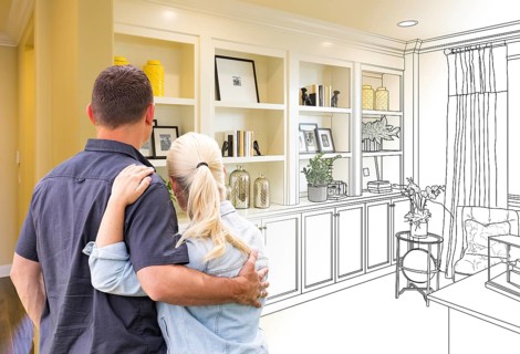 Couple facing book shelf built-in drawing gradating to photo