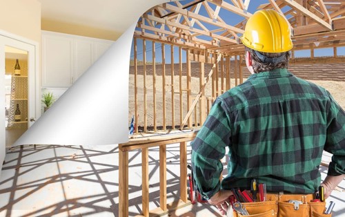 Contractor facing construction framing with page corner flipping to completed kitchen