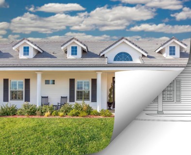 House photo page corner flipping with drawing behind