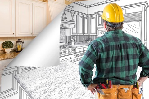 Contractor facing kitchen drawing with page corner flipping to completed photo behind