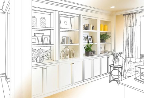 Custom built-in shelves and cabinets design drawing gradating to finished photo