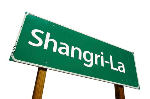 Shangri-La green road sign isolated on a white background with clipping path