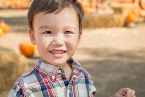 Cute mixed-race young boy having fun at the pumpkin patch