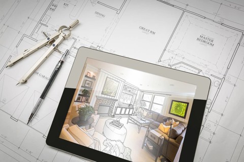 Computer tablet showing living room illustration sitting on house plans with pencil and compass