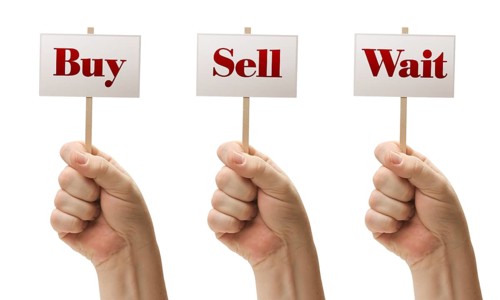 Three signs in male fists saying buy