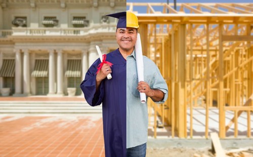 Split screen male hispanic graduate in cap and gown to engineer in hard hat concept