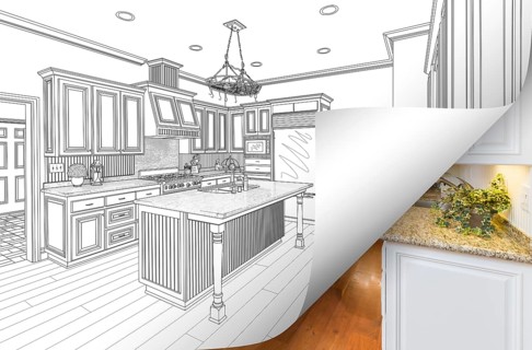 Kitchen drawing page corner flipping with photo behind