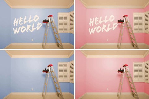 Maternity series of pink and blue empty rooms with ladder and paint supplies