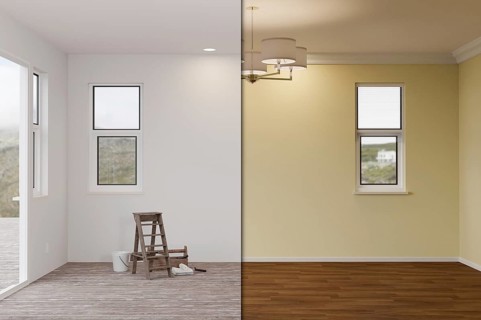 Unfinished raw and newly remodeled room of house before and after with wood floors