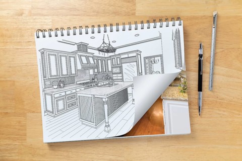 Sketch pad on desk with drawing of custom kitchen and page corner turning to show finished construction next to engineering pencil and ruler scale