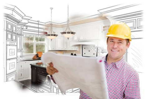 Smiling contractor holding blueprints over custom kitchen drawing and photo combination
