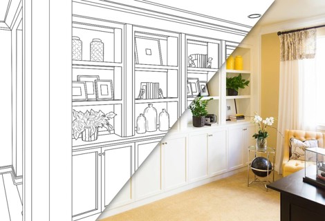Custom built-in shelves and cabinets design drawing with cross section of finished photo