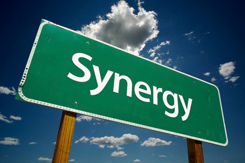 Synergy road sign with dramatic clouds and sky