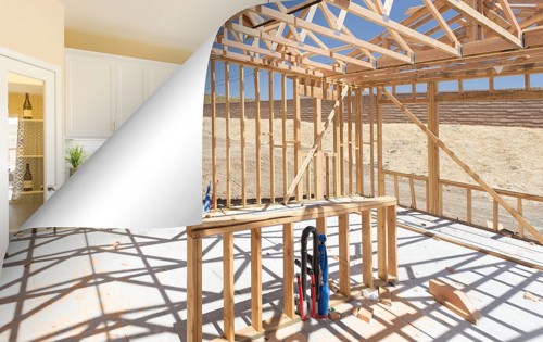 Kitchen construction framing with page corner flipping to completed photo