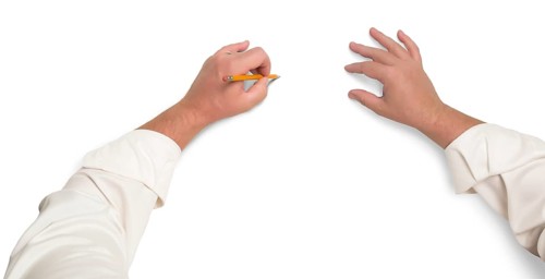 Male hands sketching with pencil on white background