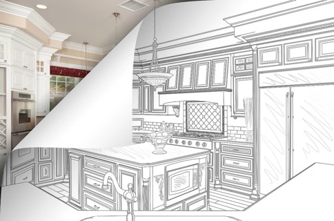 Kitchen drawing page corner flipping with photo behind
