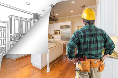 Contractor facing kitchen photo with page corner flipping to drawing behind