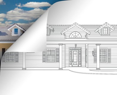 House drawing page corner flipping with photo behind