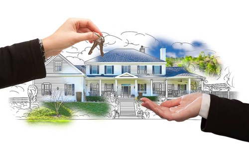 Handing over keys on house drawing and photo combination on white