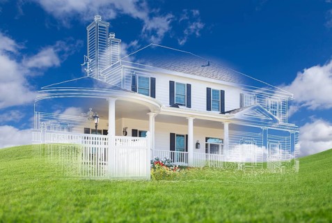 Beautiful custom house drawing and ghosted house above grass field
