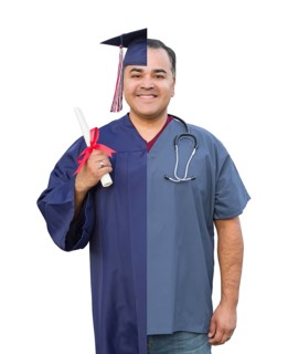 Split screen of hispanic male as graduate and nurse isolated on white