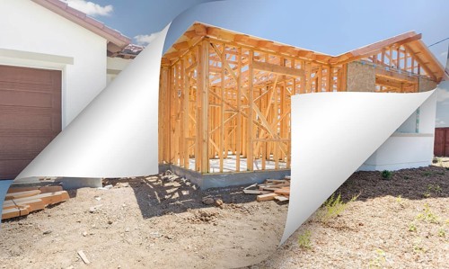 House construction framing with page corners flipping to completed house behind