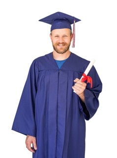 Caucasian male with deploma wearing graduation cap and gown isolated