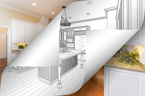Kitchen drawing page corners flipping with photo behind